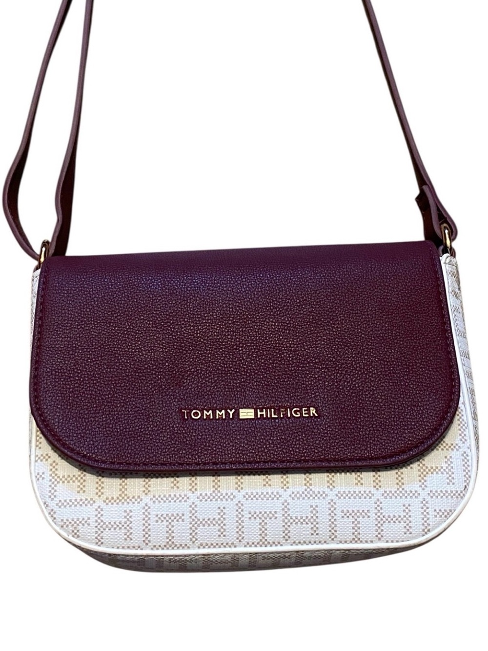 Tommy Hilfiger Burgundy and Cream Signature Crossbody Bag